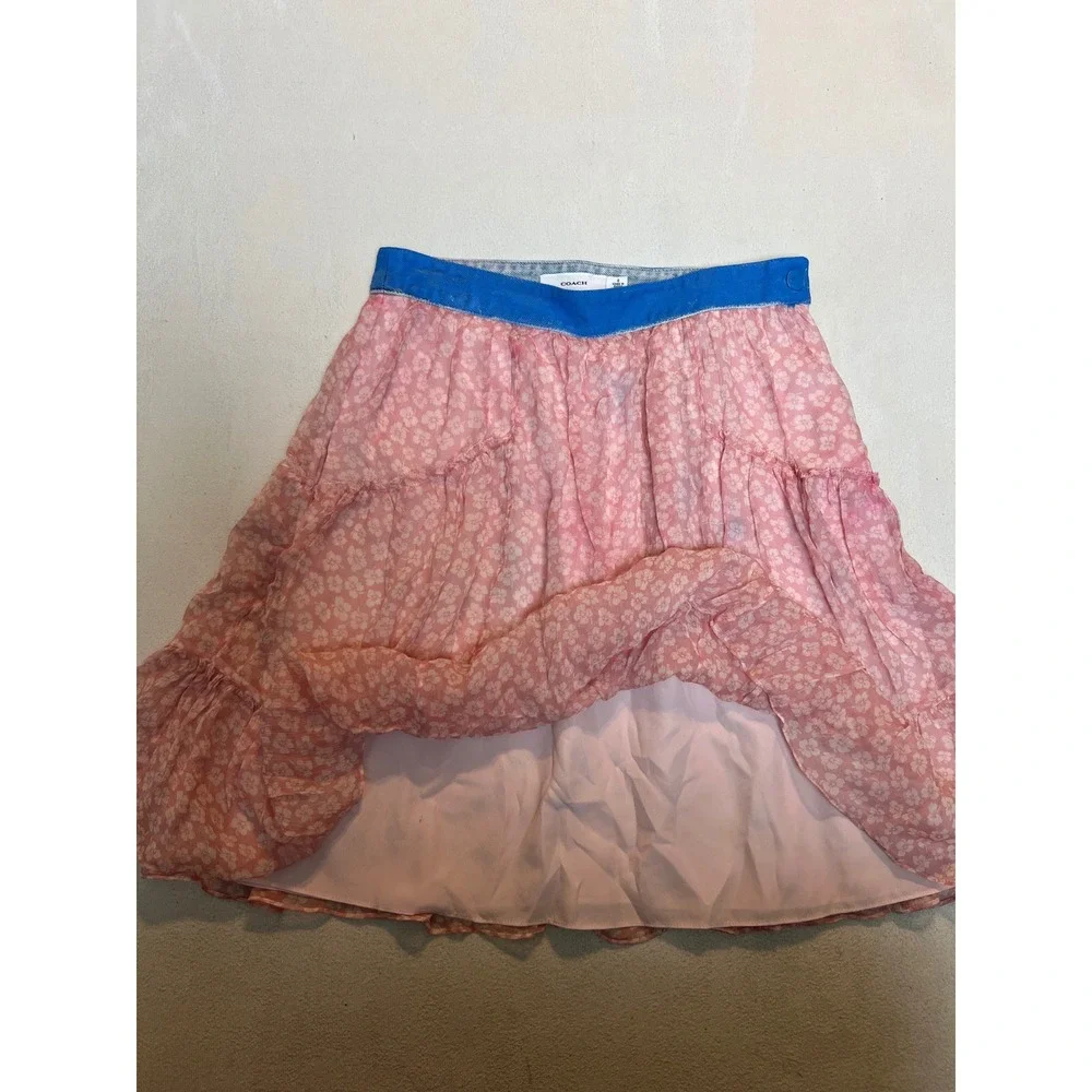 Coach Pink Floral Tiered Mini Skirt Blue Denim Waistband Pockets Size 0
